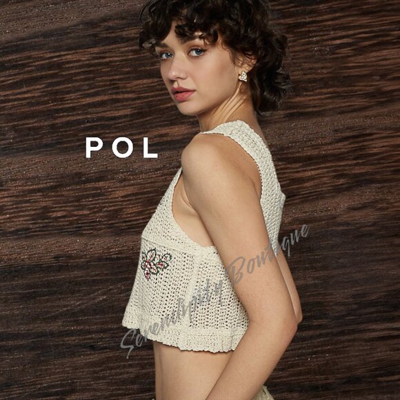 POL Crochet Delicate Floral Embroidered Soft Natural Open Knit Sleeveless Crop T - Picture 2 of 11